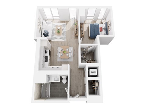 A top down view of a small apartment with a kitchen, living room, and bathroom.
